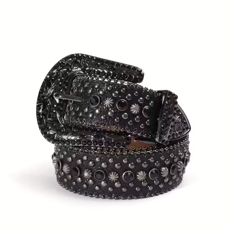 Pasek designerski, czarny, unisex z cyrkoniami