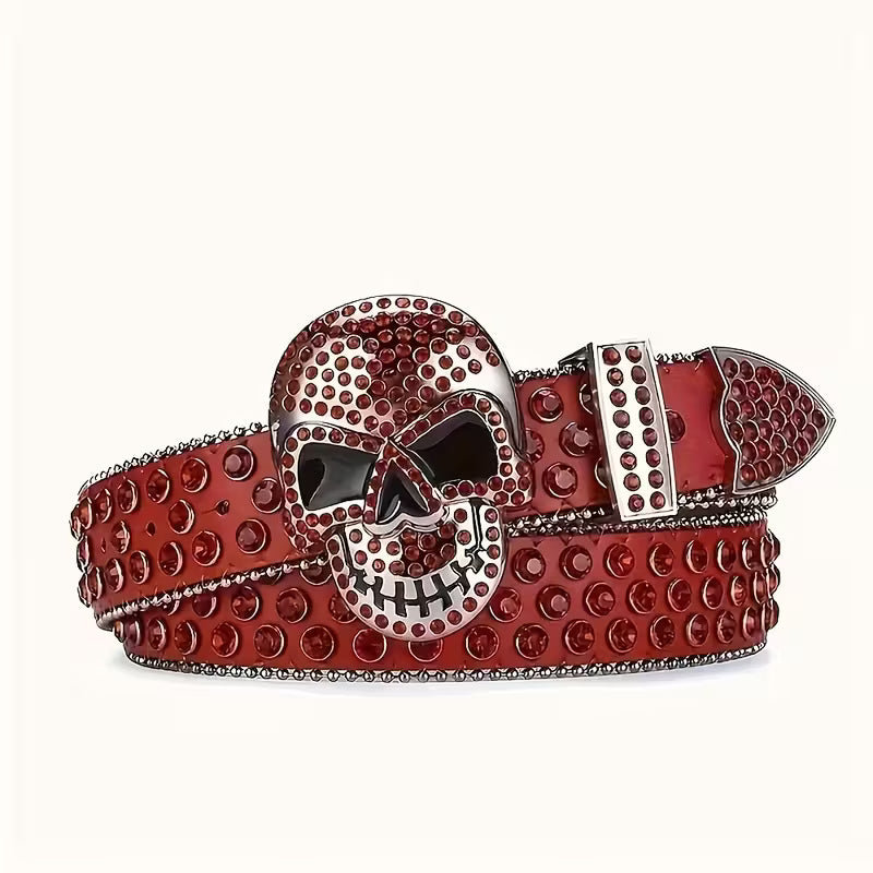 Pasek designerski, czerwony, unisex, z nitami, kryształami i gotycką czaszką