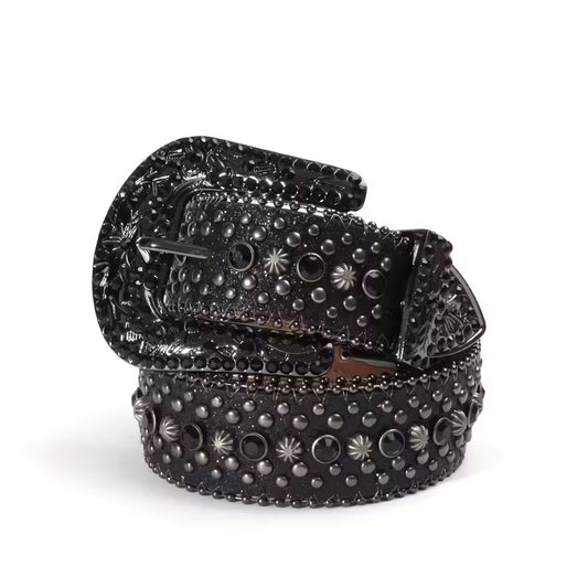 Pasek designerski, czarny, unisex z cyrkoniami