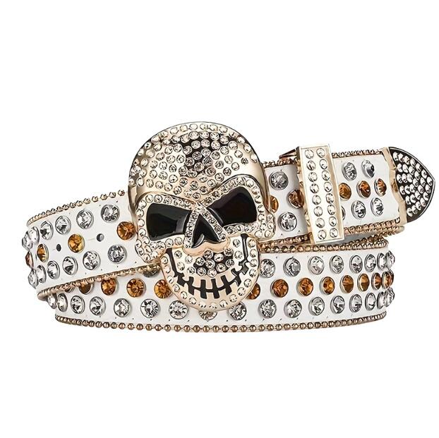 Pasek designerski, biały, unisex, z nitami, kryształami i gotycką czaszką